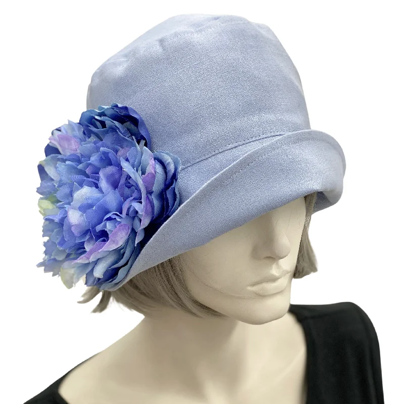 Pale Blue Linen Cloche Hat with Large Peony Flower | The Eleanor