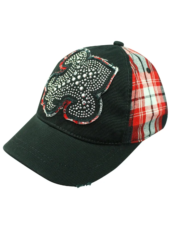 Black Red Plaid Baseball Cap With Giant Fleur De Lis