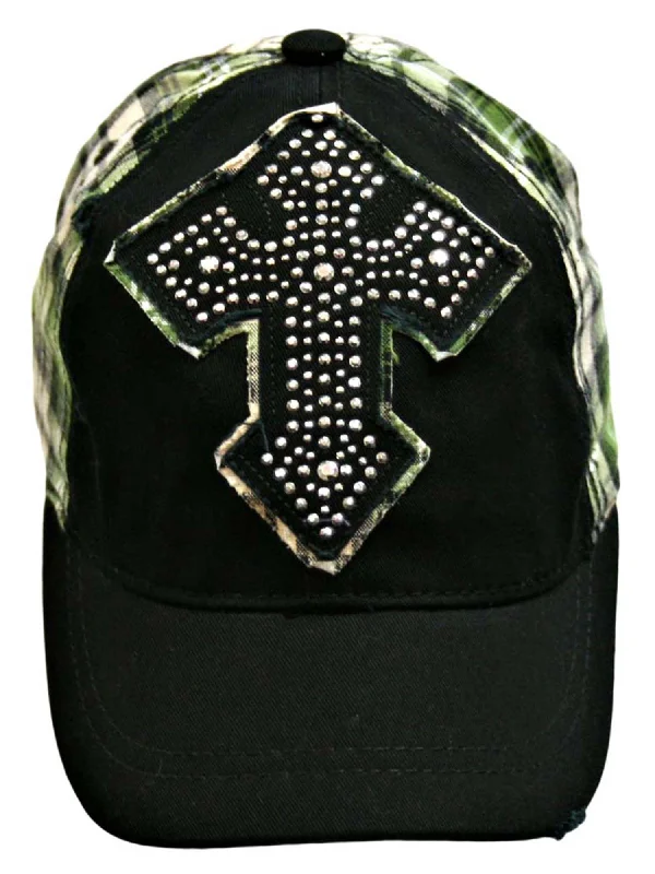 Black Green Plaid Baseball Cap Giant Silver Stud Cross