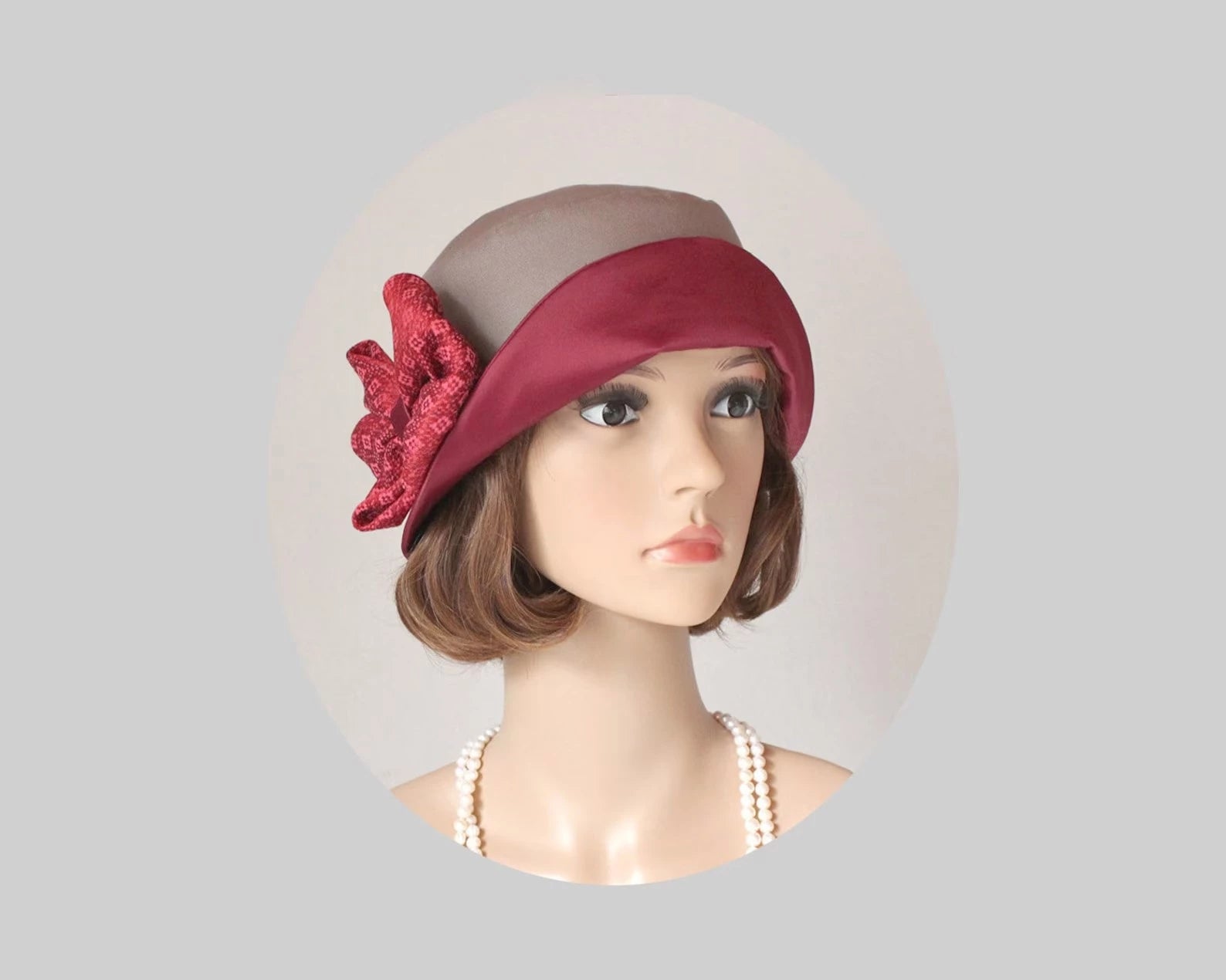 Pretty cloche hat in wine red duches satin and khaki cotton