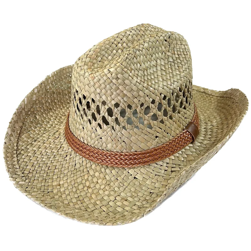 Raffia Straw Western Cowboy Hat with Concho String Band