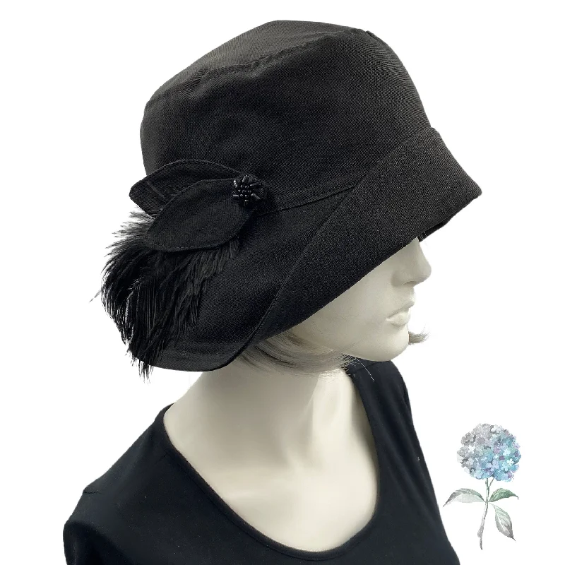 1920s Style Rain Hat with Removable Feather and Button Bro0ch  | The Eleanor Cloche