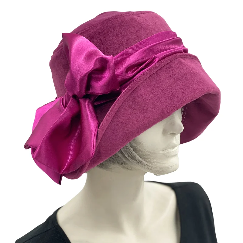 Raspberry Velvet Cloche Hat With Vibrant Satin Scarf Bow | The Eleanor