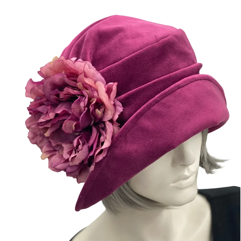 Raspberry Velvet Cloche Hat with Large Peony Flower | The Alice