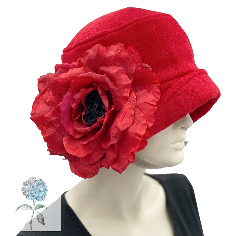 1920s Style Cloche Hat in Red Wool With Oversize Rose | The Eleanor