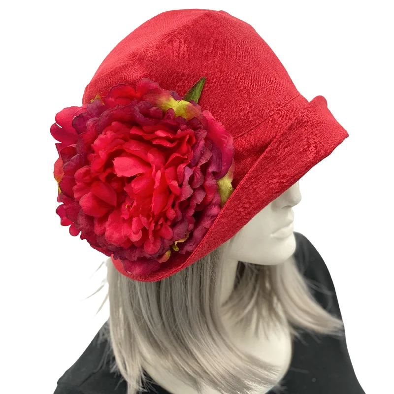 Red linen 20s Style Cloche Hat with Large Flower | The Eleanor