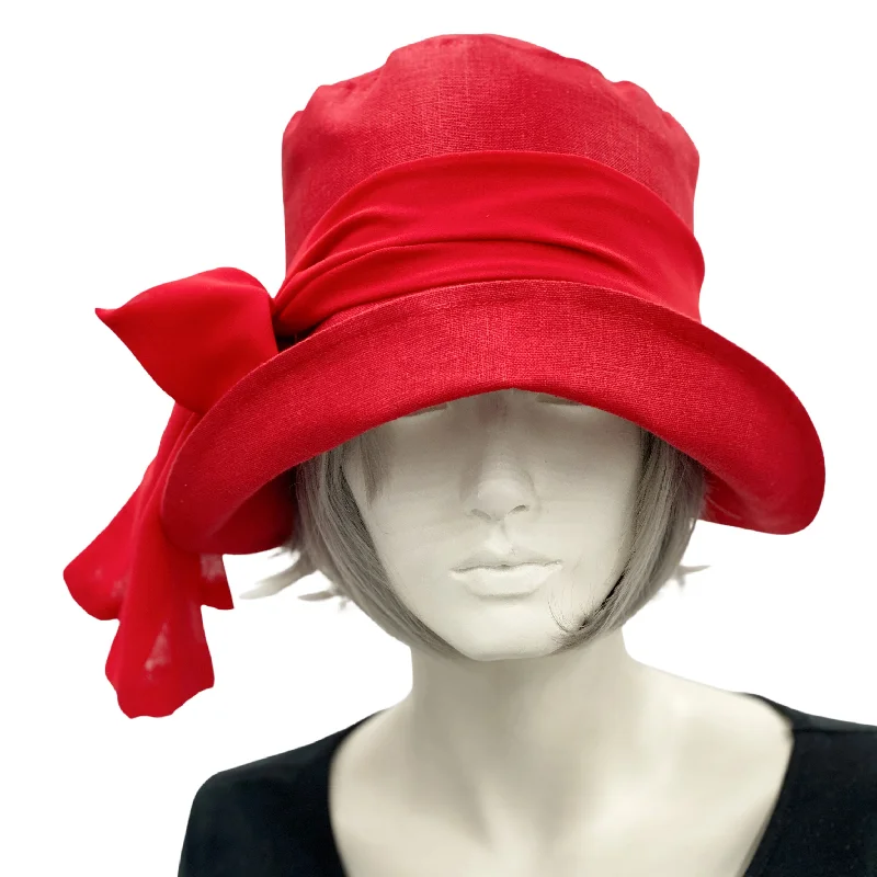 Red Linen 20s Style Cloche Hat with Red Chiffon Scarf  | The Eleanor