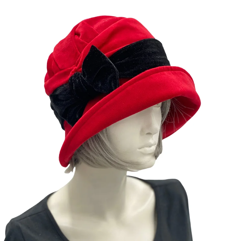 Red Velvet Cloche Hat with Black Velvet Band and Bow | The Alice