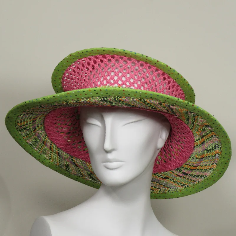 Saturn, Pink and Lime Plaid Straw, Polka Dot Edge and Ribbon