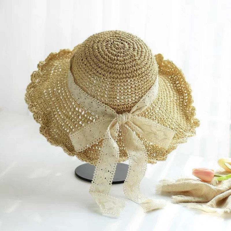 Straw Hat with Bow Tie for Women Girl