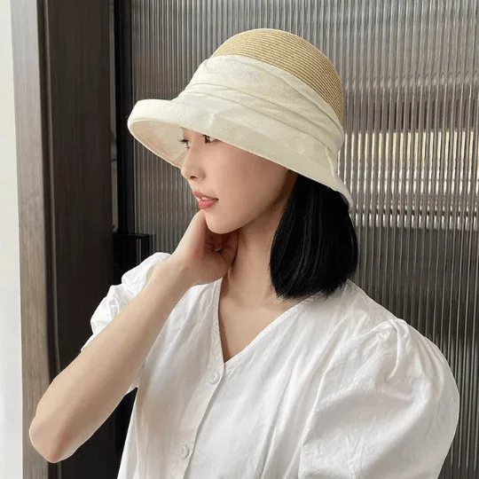 Straw Hat with linen brim for Women