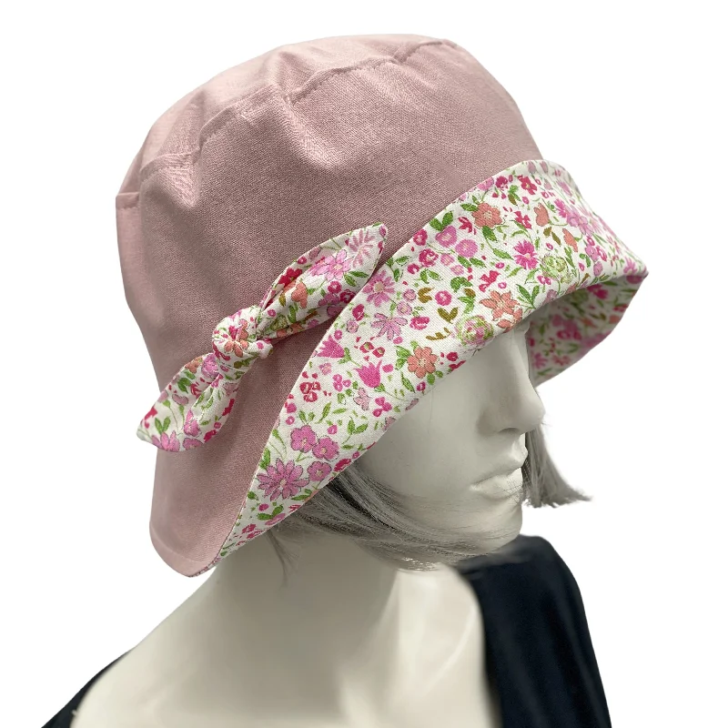 Summer Cloche Hat in Dusky Pink Linen with Floral Cotton Contrast | The Betty