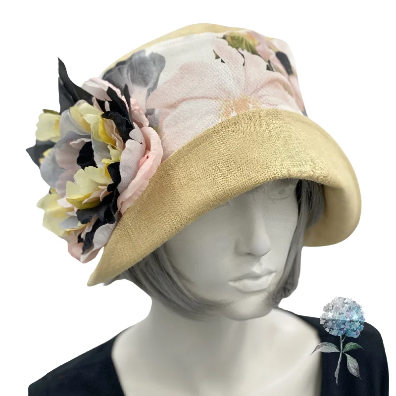 Linen Cloche Hat in Floral Print with  Large Peony Style Flower | The Eleanor