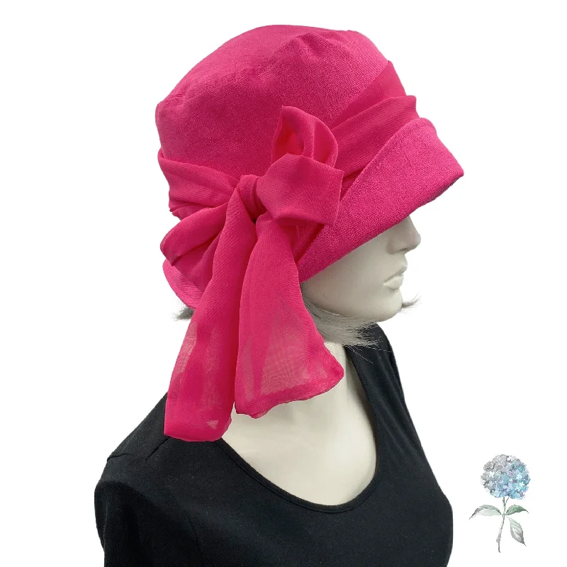 Summer Cloche Hat in Fuchsia Pink Linen with Chiffon Bow Scarf | The Eleanor