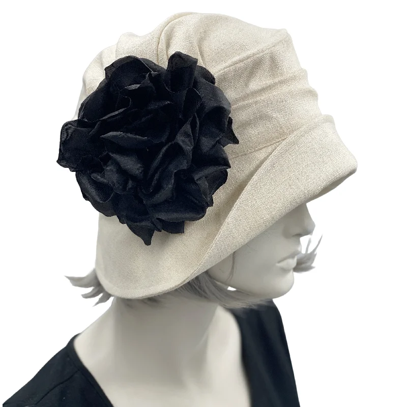 Summer Cloche Hat in Cream Linen with Large Satin Tea Rose | The Alice