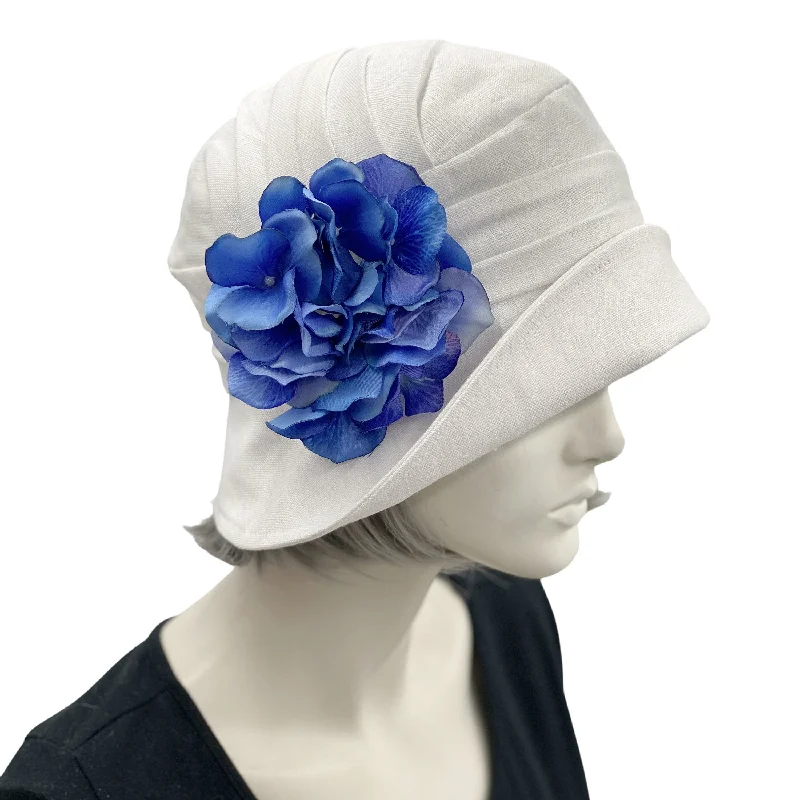 Summer Cloche 1930s Hat in White Linen with Pretty Hydrangea Flowers | The Alice