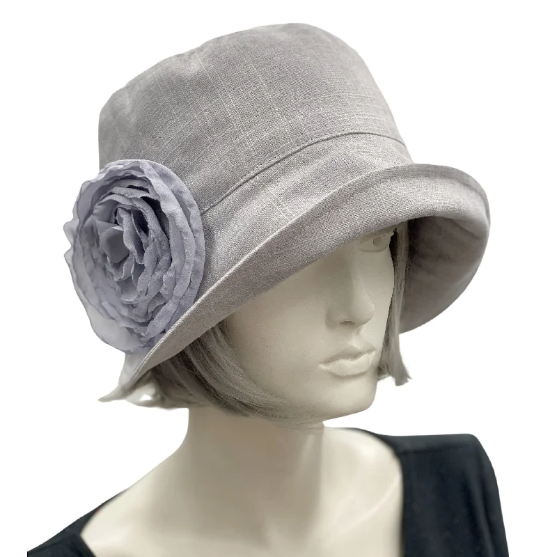 1920s Cloche Hat Handmade in Gray Linen with Chiffon Rose | The Eleanor