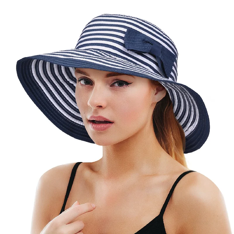 Tirrinia Elegant Chic Women's Striped Straw Hat with Bow Tie