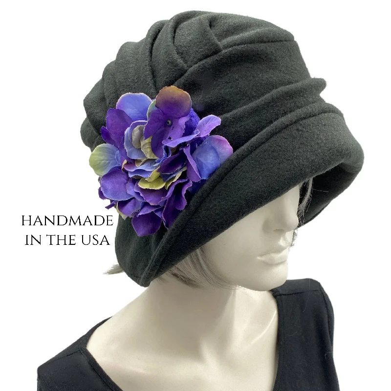 Twenties Style Black Polar Fleece Hat with Purple Hydrangea Flowers | The Alice