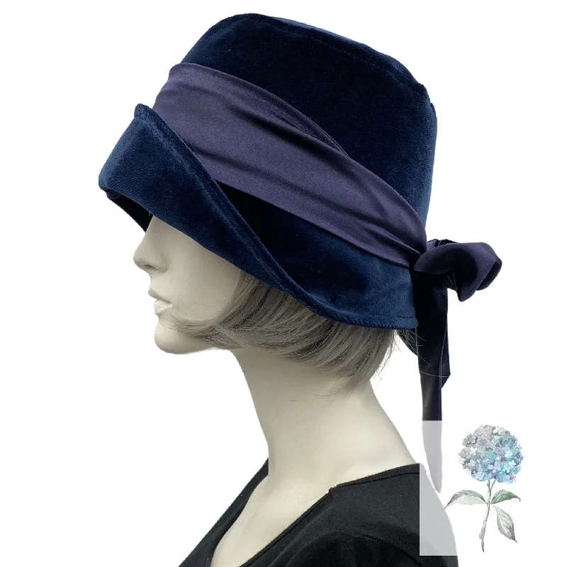 Velvet Cloche Hat in Navy Blue with Satin Band and Rear Bow | The Eleanor