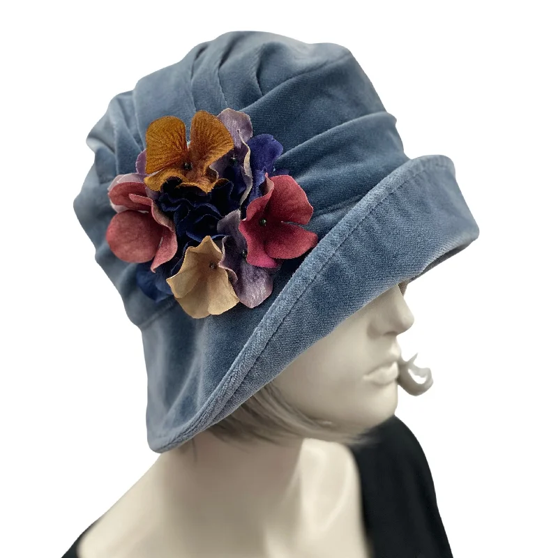 Velvet Cloche Hat in Soft Blue with Contrasting Hydrangea Flowers | The Alice