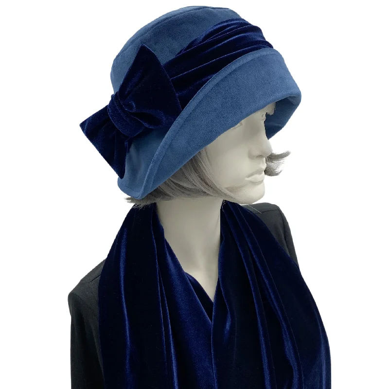 Blue Velvet Cloche Hat with Velvet Band and Bow | The Eleanor