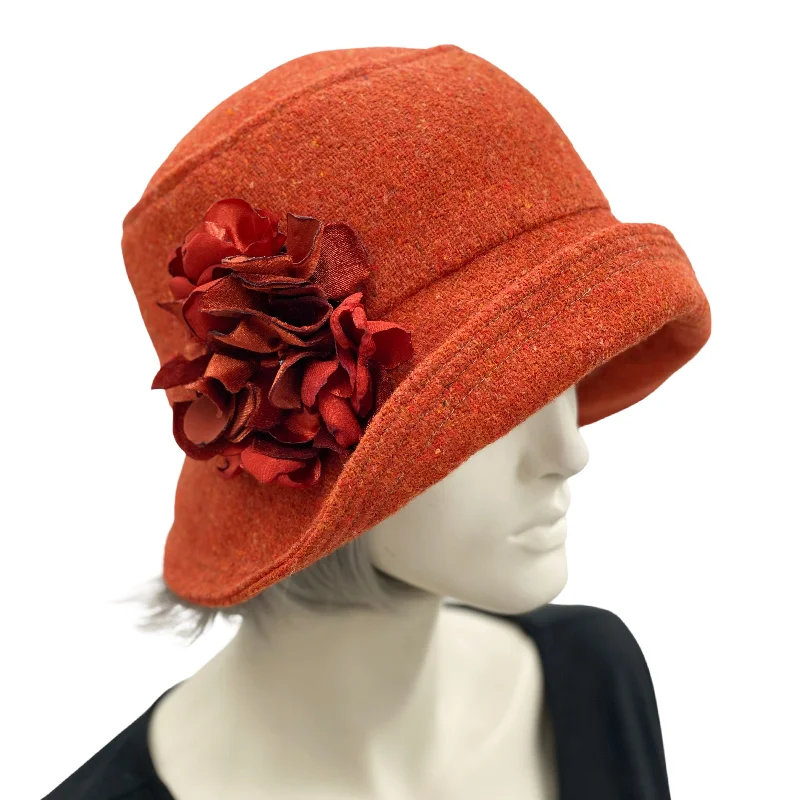 Vintage Style Burnt Orange Wool Cloche Hat with Hydrangea Flowers | The Eleanor