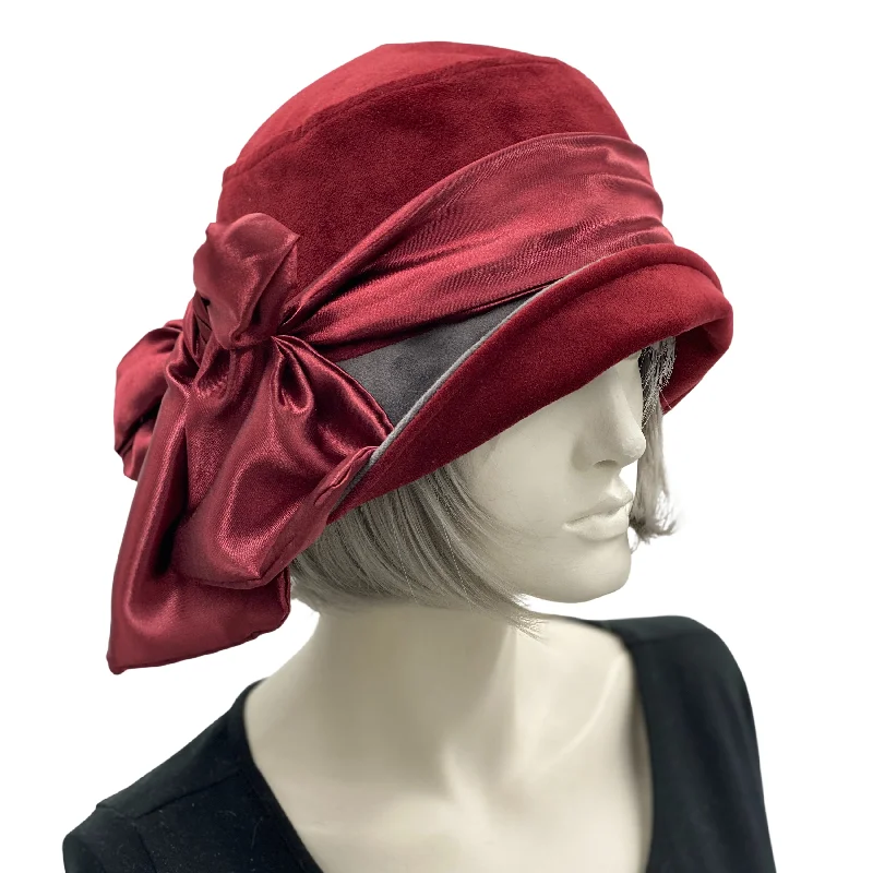 Vintage Style Cloche Hat in Burgundy and Gray Velvet With Satin Bow | The Eleanor