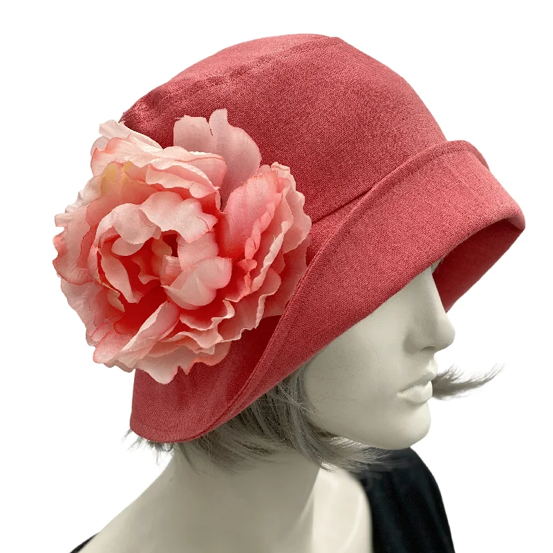 Vintage Style Cloche Hat in Coral Linen with Peony Flower | The Eleanor