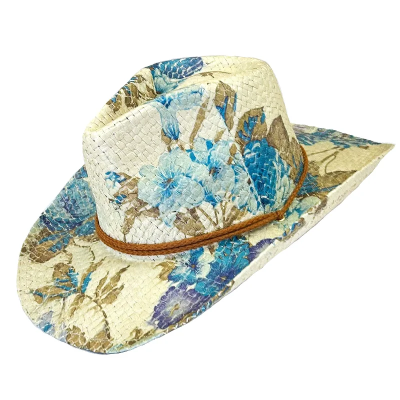 Floral Violet & Green Print Straw Western Cowgirl Hat