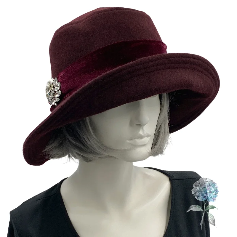 Wide Brim Hat for Women in  Burgundy Wool with Rhinestone Embellishment | The Eleanor