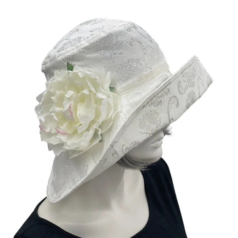 Wide Brim Antique White Damask Hat with Peony Flower | The Eleanor