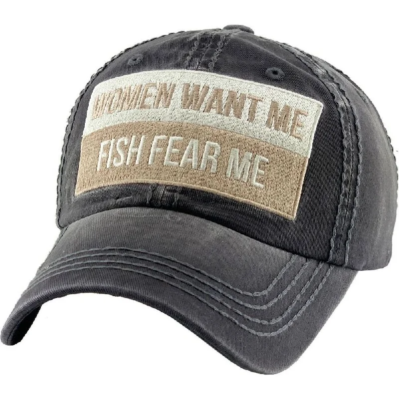 WOMEN WANT ME FISH FEAR ME VINTAGE BALLCAP - GREY