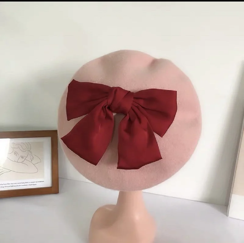 Beret Hat with Removable Bow for Women and Girls