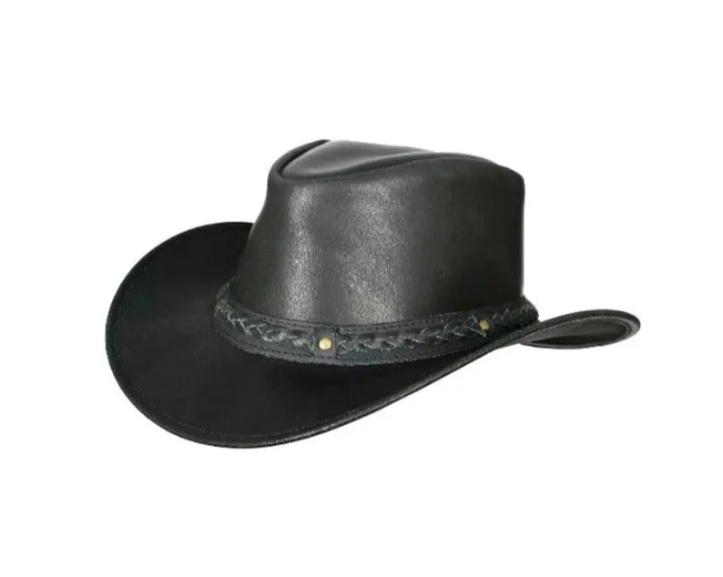 Black Leather Wide Brim Outback Hat