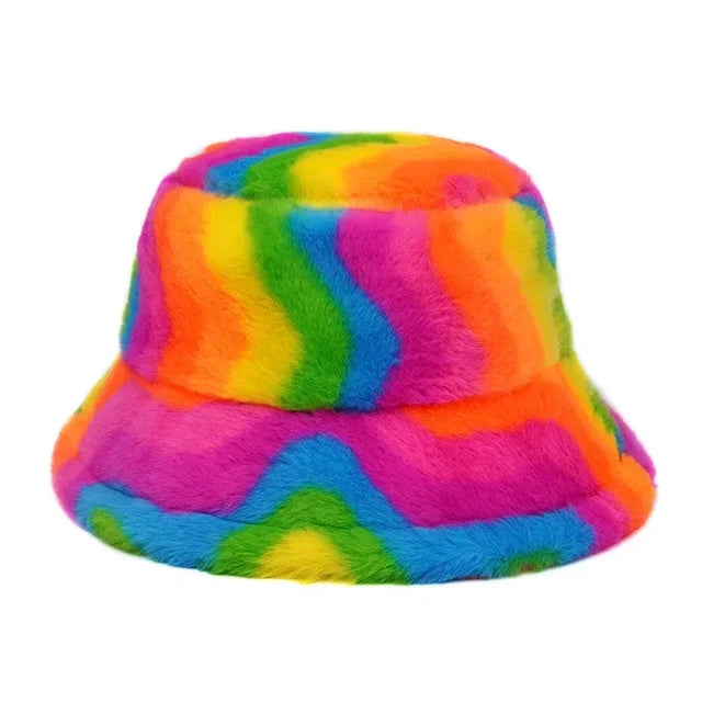 Bold Striped Faux Fur Bucket Hat - Fushia