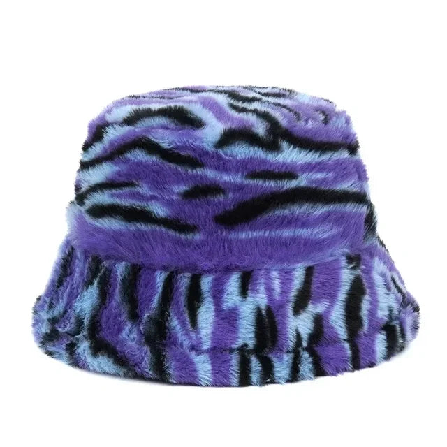 Bold Tiger Stripe Faux Fur Bucket Hat - Fushia