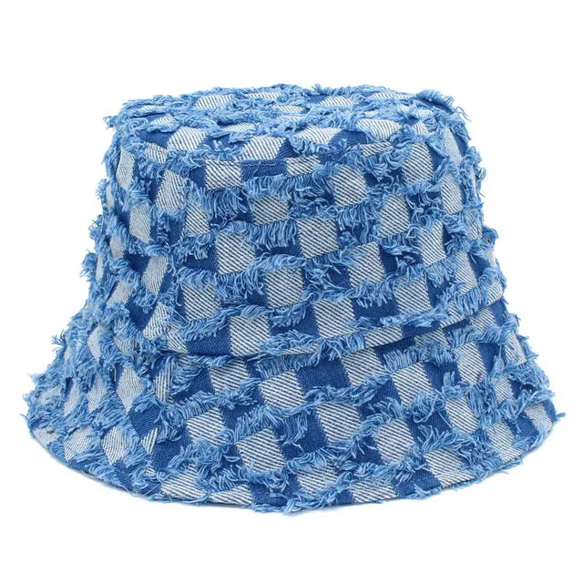 Checkered Denim Bucket Hats - Fushia