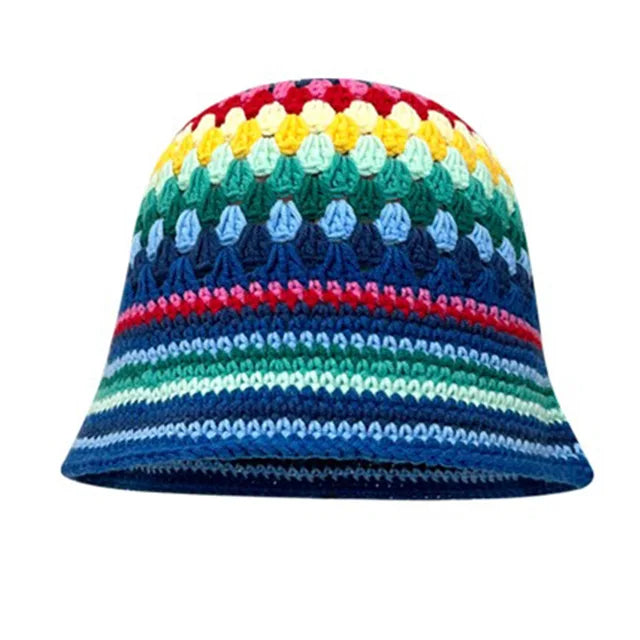 Elegant Rainbow Striped Crochet Bucket Hat - Fushia