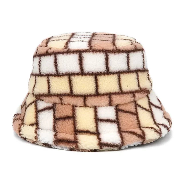 Faux Fur Checkerboard Bucket Hat - Fushia