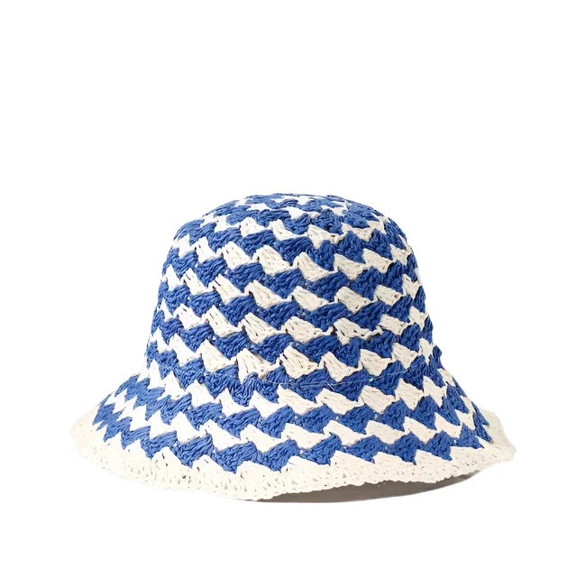 Handwoven Chevron Straw Bucket Hat - Fushia