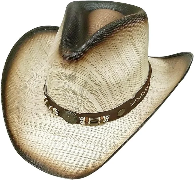 Modestone Straw Cowboy Hat Beaded Leather-Like Hatband Brown Beige - #1899