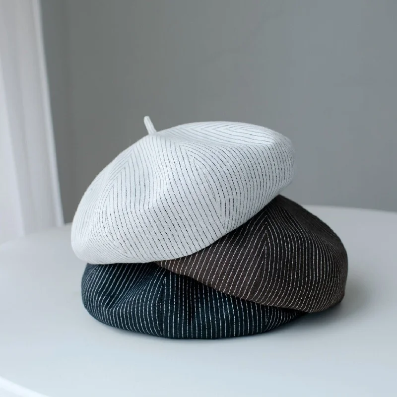 Oversize Stripped Linen Beret