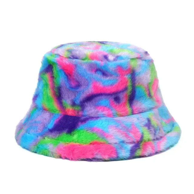 Vibrant Swirl Faux Fur Bucket Hat - Fushia