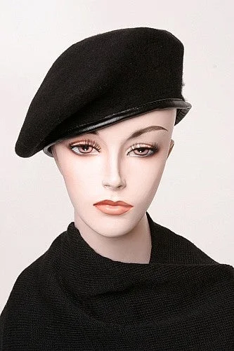 Vintage Wool Beret With Leather Trim