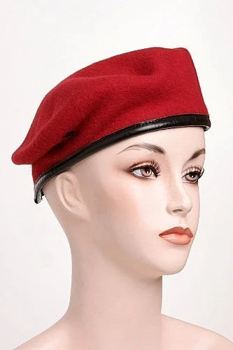 Vintage Wool Red Beret With Leather Trim